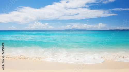 A serene tropical paradise with pristine white sand, crystal-clear turquoise water, and a blue sky dotted with fluffy white clouds