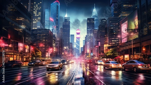 Vibrant cityscape at night with illuminated skyscrapers  bustling streets  and trails of colorful lights from cars. A sharp-focus  hyper-realistic urban scene capturing the modern busy nightlife