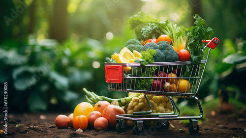 ripe fruits and vegetables in a cart in the forest