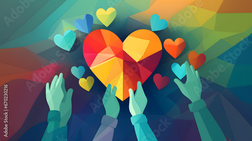 Charity illustration concept with abstract, diverse persons, hands and hearts. Community compassion, love, and support towards those in need