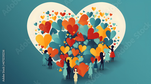 Charity illustration concept with abstract, diverse persons, hands and hearts. Community compassion, love, and support towards those in need
