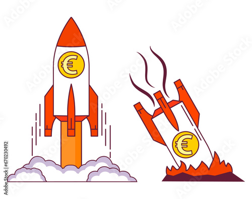 Euro coin rocket starting. Startup success.Euro gold coin.Currency strengthening and increasing.Bad contraction of economy,Market crash.Depreciation of Euro.Economic recession icon. Euro coin falling.