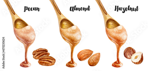 Watercolor illustration of nut butter set in wooden spoon close up. Pecan, almond, hazelnut.