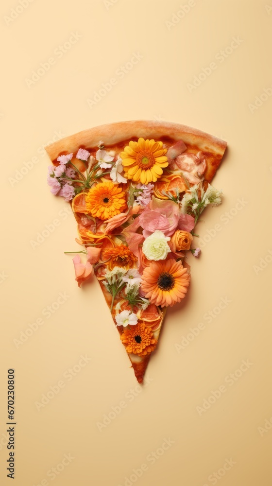 Slice of pizza with flowers on top. Minimal food concept