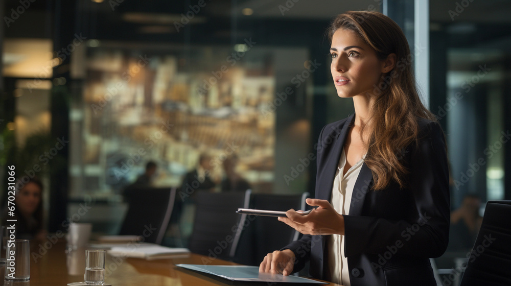 Fototapeta premium A confident businesswoman giving a compelling presentation in a well-lit boardroom, using a digital projector