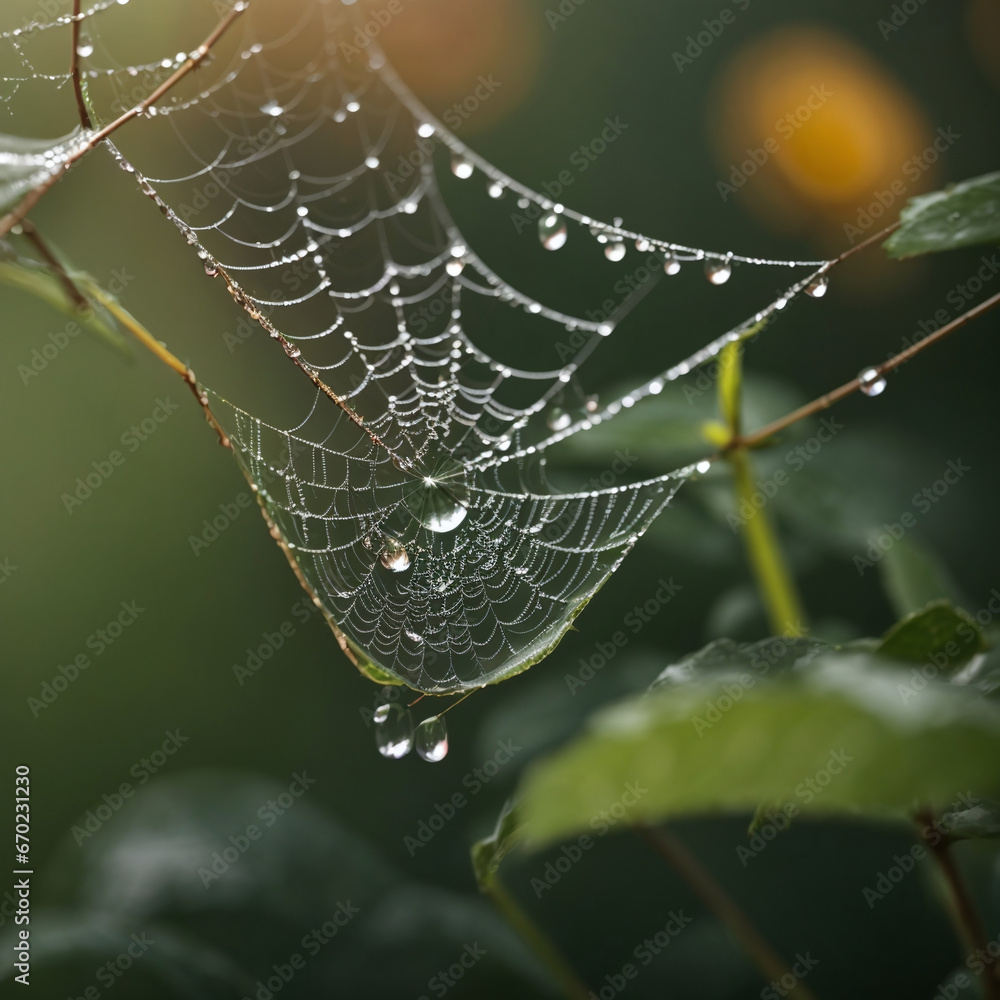 Glistening dewdrops on a spider's intricate web, capturing nature's delicate intricacies.