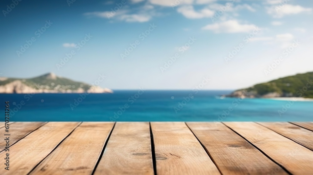 Fototapeta premium Wooden table on the background of the sea island and