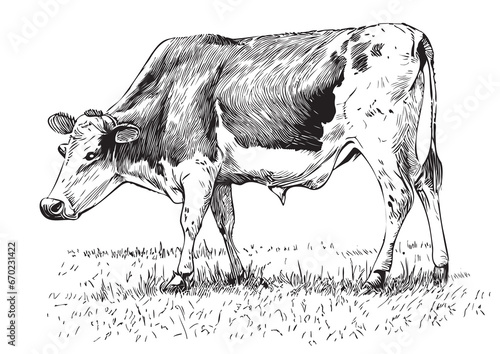 Cow grazing in the meadow hand drawn sketch in doodle style