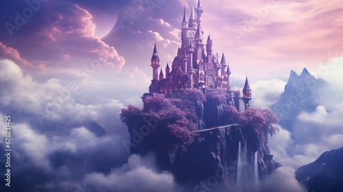 A Velvet Violet-hued fantasy castle perched on a mountaintop, surrounded by swirling mists and enchanted forests.