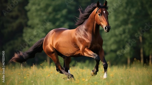 The bay horse gallops on the grass