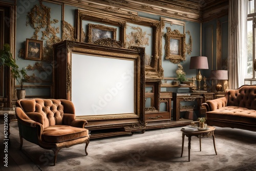 A Canvas Frame for a mockup elegantly positioned above a vintage TV set encased in ornate woodwork in an old styled TV lounge, complete with plush velour couches