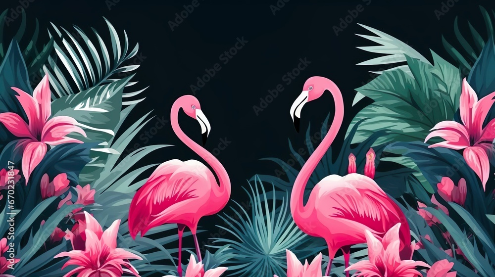 Tropical flowers plants leaves and flamingos Vector
