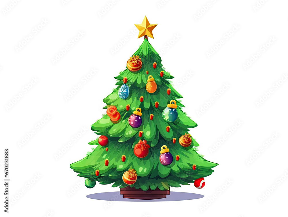 painted Christmas tree decorated with balls and candles isolated on white background painted Christmas tree decorated with balls and candles isolated on white background