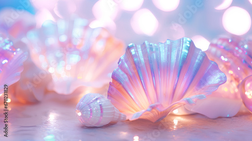 Sea shells in the light of Christmas lights