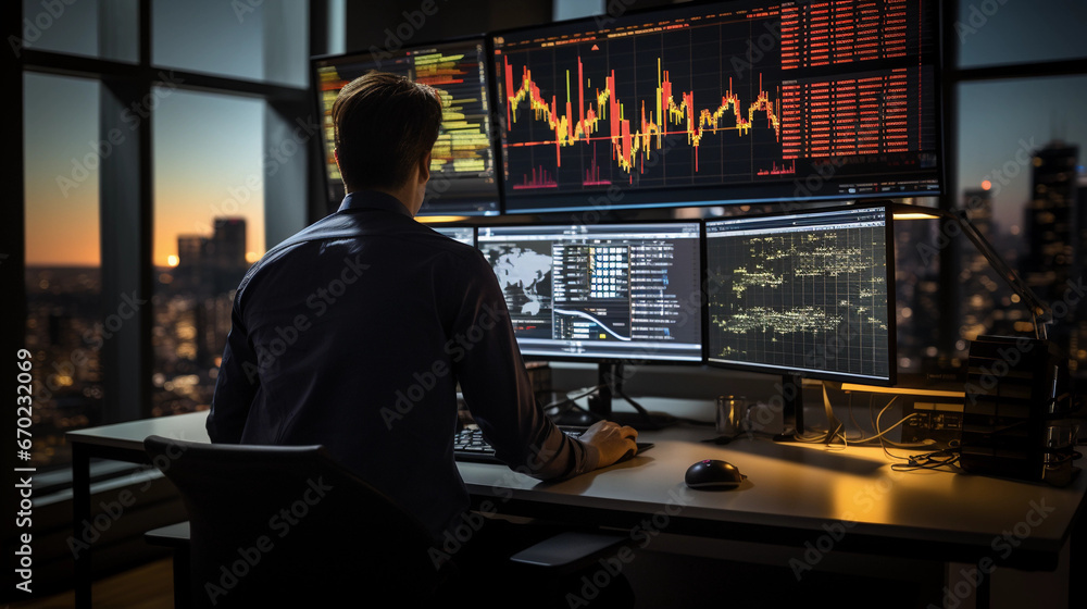 A focused financial analyst working with charts and graphs on a large computer screen in a corporate office A focused financial analyst working with charts and graphs on a large computer screen in a corporate office