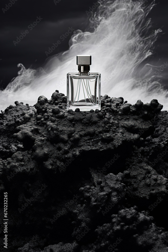 Super realistic photos of exclusive perfumes, black rocks background