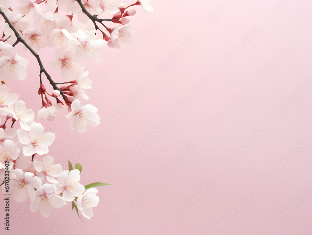 Delicate pink cherry blossoms isolated on a gentle pink background with ample space for text. Top view. Flat lay. Close up. Decorative banner