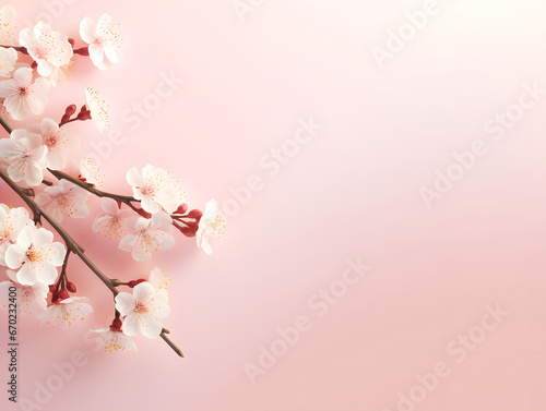 Delicate pink cherry blossoms isolated on a gentle pink background with ample space for text. Top view. Flat lay. Close up. Decorative banner © Alexey