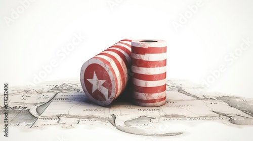 A roll of USD with the American flag and a bundle of photo