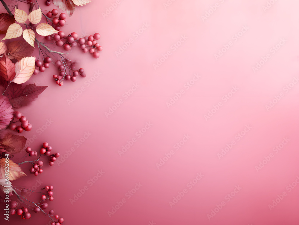 Burgundy and cream autumn leaves with red berries isolated on light pastel peach background with empty space for text. Top view. Flat lay. Close up. Decorative banner