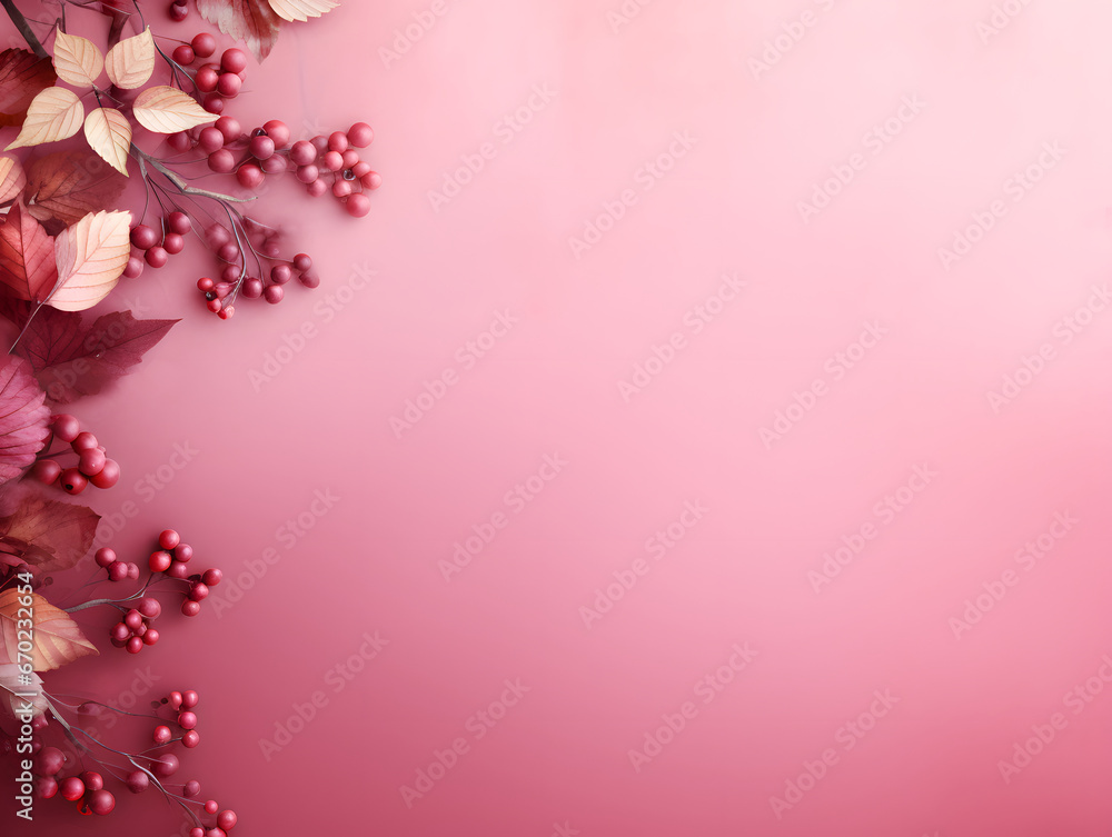 Burgundy and cream autumn leaves with red berries isolated on light pastel peach background with empty space for text. Top view. Flat lay. Close up. Decorative banner Burgundy and cream autumn leaves with red berries isolated on light pastel peach background with empty space for text. Top view. Flat lay. Close up. Decorative banner