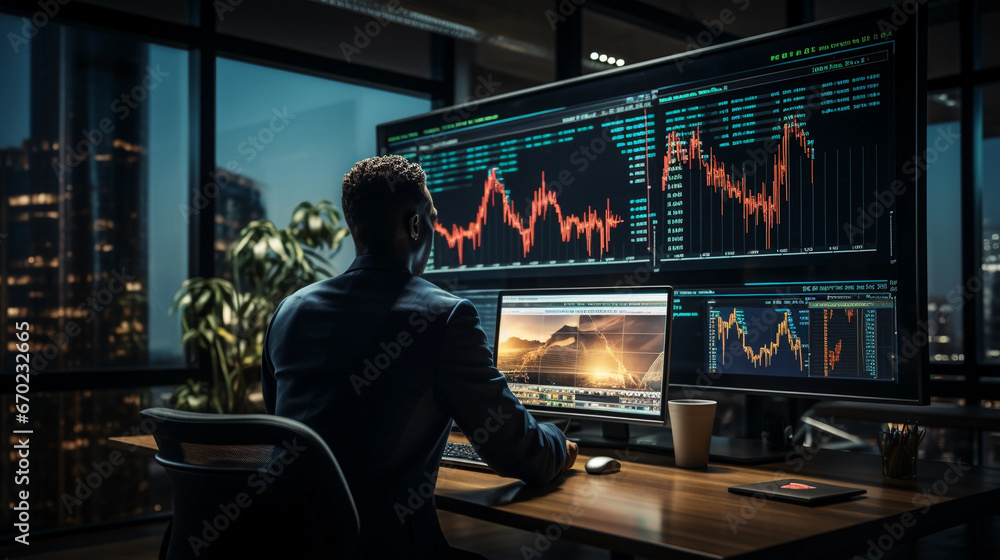 A focused financial analyst working with charts and graphs on a large computer screen in a corporate office A focused financial analyst working with charts and graphs on a large computer screen in a corporate office