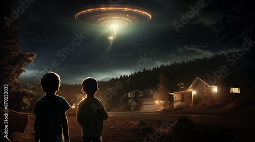 Rencontre céleste : Deux enfants captivés par l'arrivée des extraterrestres dans une soucoupe volante sous la lueur de la lune photo