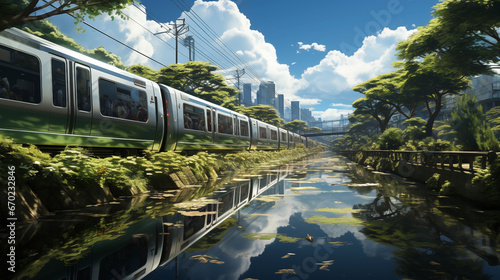 Voyage éco-responsable : Transport futuriste traversant une ville naturelle, entre montagnes et eaux paisibles