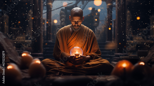 Recueillement sacré : Moine bouddhiste en prière entouré d'une lueur chaleureuse de bougies photo