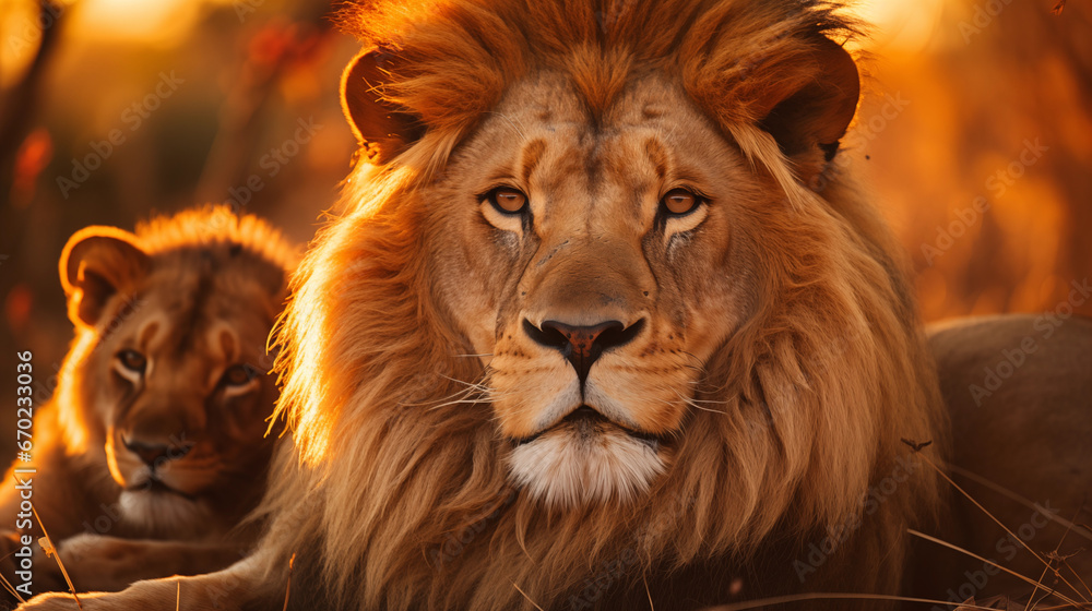 Un lion et un lionceau allongés dans la savane africaine