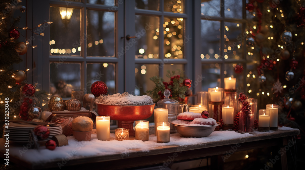 Fenêtre de maison à Noël avec décorations et neige