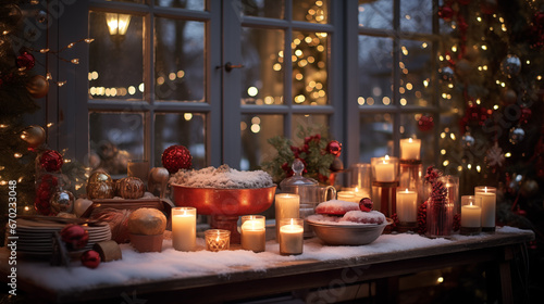 Fenêtre de maison à Noël avec décorations et neige