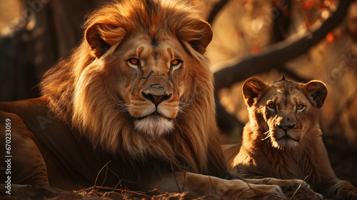 Un lion avec un lionceau dans la savane africaine