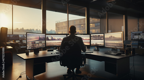 Homme travaillant dans un bureau ouvert avec plusieurs écrans