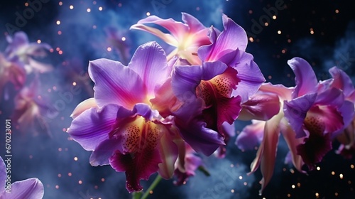 A vibrant bouquet of Celestial Cattleya orchids held against the backdrop of a brilliant  multicolored nebula in space.