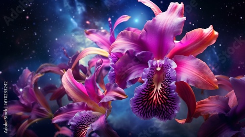 A vibrant bouquet of Celestial Cattleya orchids held against the backdrop of a brilliant, multicolored nebula in space.