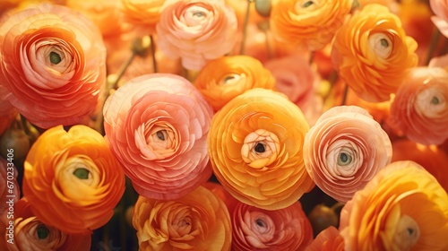 A vibrant cluster of Radiant Ranunculus flowers  each petal capturing the sunlight in