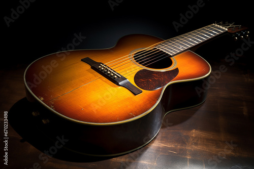 A ruined broken acoustic guitar abandoned on a stage