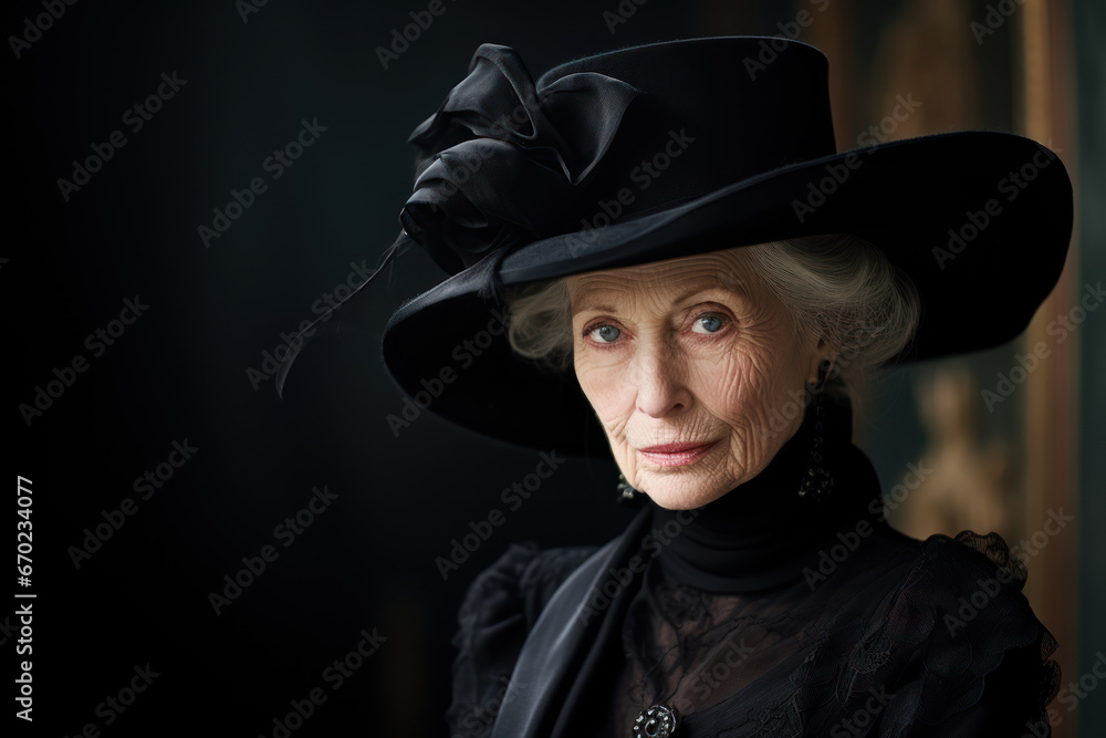 old elegant gray-haired lady in a black hat and vintage clothes old elegant gray-haired lady in a black hat and vintage clothes