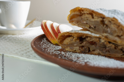 Paired pieces of delicious strudel stuffed with apples and cinnamon on a light plate on a light background. Place for writing. Close up view. Homemade Ukrainian pastries