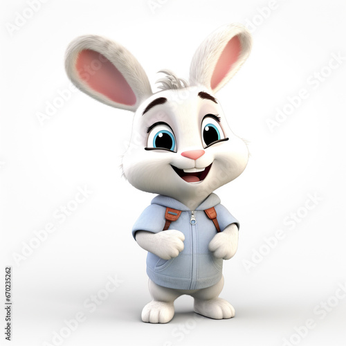 3D cartoon style illustration of a baby rabbit wearing a shirt and a happy face. Isolated on white background. © Aisyaqilumar
