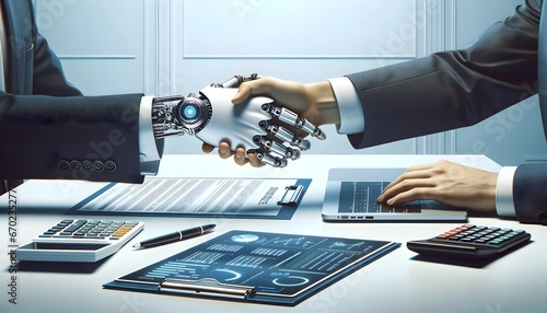 Obraz na płótnie Human robot handshake, artificial intelligence, business concept, closing the deal, background w salonie