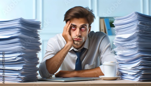 Portrait of overworked man with headache under stress behind office desk full of paper work