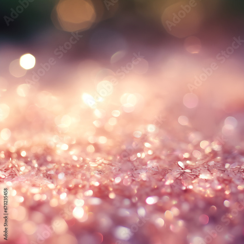 Modern glittering bokeh decoration background with shiny abstract sparkling glimmers like circles. Pink and golden sparks shimmer creating a blur effect. Festive party design