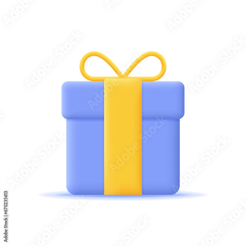 Gift box with ribbon bow. 3d present icon for holiday, surprise, birthday, birthday, anniversary, wedding concept, design element for banners and websites. Isolated vector illustration
