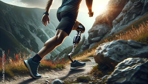 Man with prosthetic leg trail running up the mountain, Prosthesis concept, healthy lifestyle