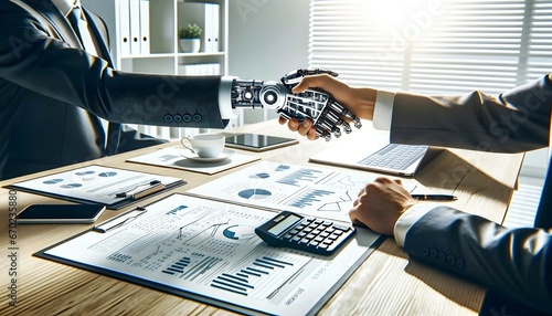 Human robot handshake, artificial intelligence, business concept, closing the deal, background
