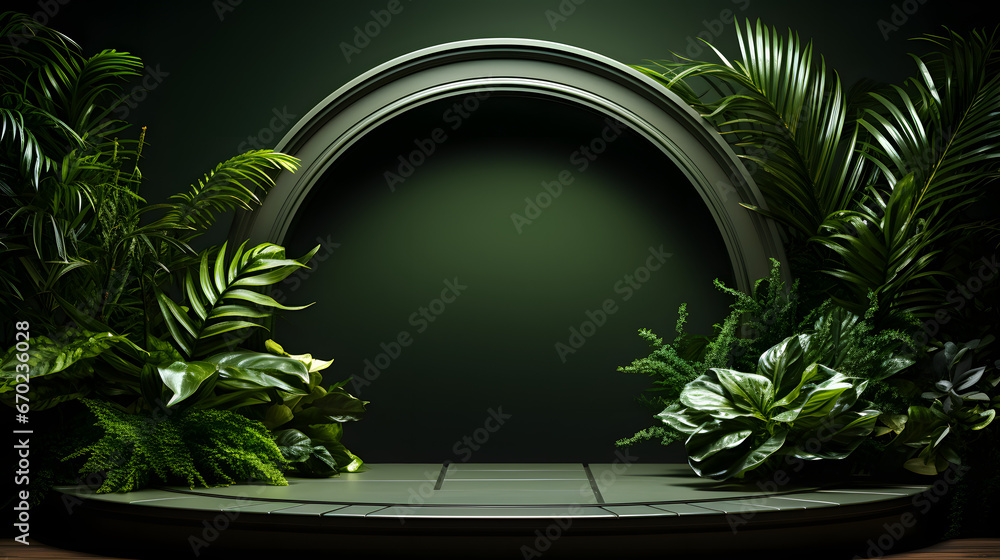 Green podium in tropical forest for product presentation and green wall Green podium in tropical forest for product presentation and green wall
