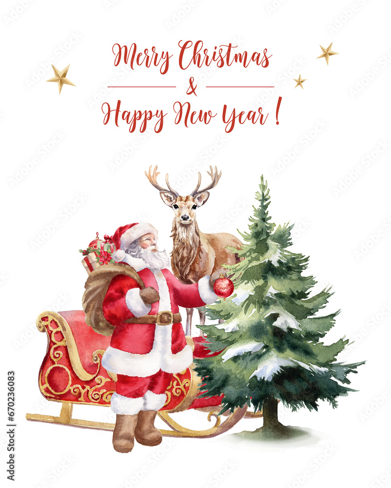 Fototapeta premium Christmas greeting card with Santa Clause and Christmas Tree. Watercolor painted illustration PNG