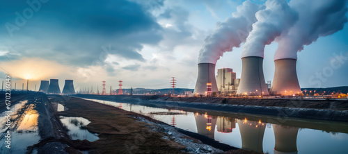 atomic nuclear reactor or power plant refinery industrial factory with cooling towers and smoke chimney as wide banner background with information data
